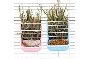 Hamiledyi 2PCS Rabbit Hay Feeders Rack 2 in 1 Feeder Bowls Double Bunny Feed Holder Grass Food Supplies for Chinchillas Guinea Pig Hamsters (Pink+Blue)