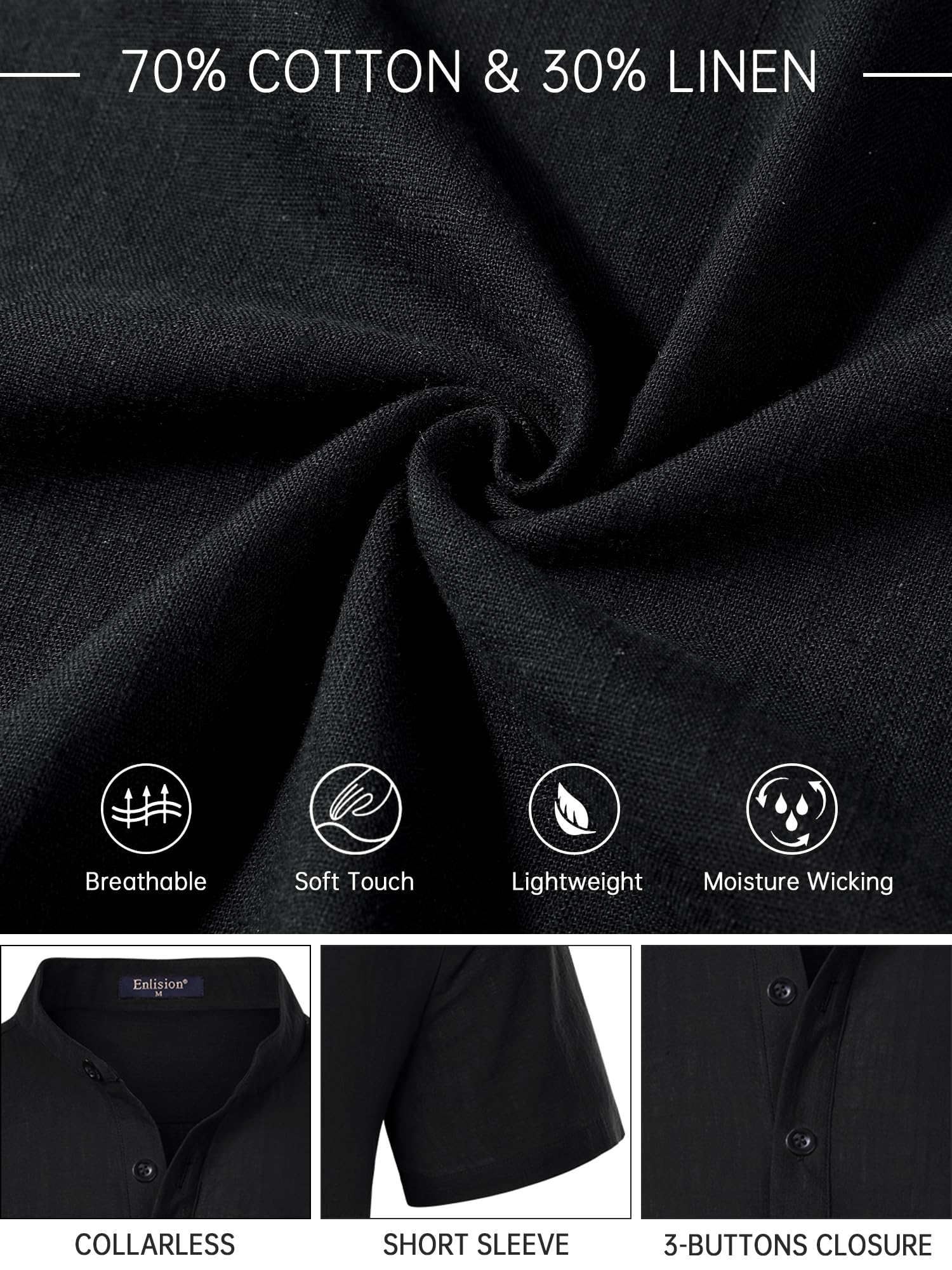 Enlision Herren Hemd Kurzarm Schwarz Baumwolle Leinenhemd Leichtes Sommerhemd Ohne Kragen Freizeithemden für Herren Henley Shirt Regular Fit L 5