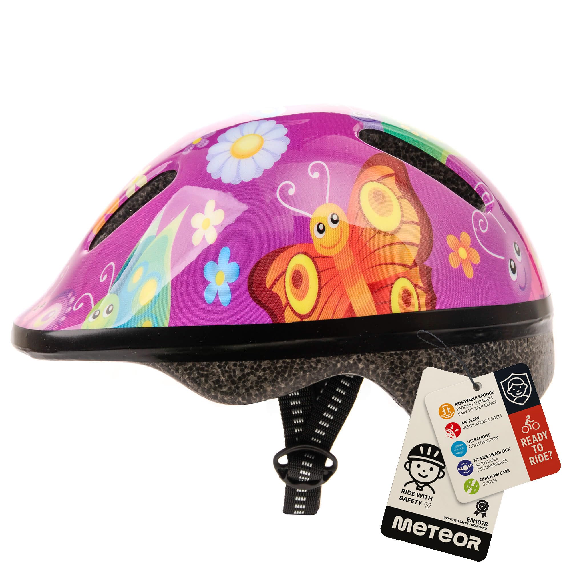 Meteor Kids Bike Helmet Butterfly S 48-52 cm, Toddler & Child Cycling Helmet, Lightweight Adjustable Scooter & Skate Helmet with Airflow Vents, Washable Padding, Safety Head Protection