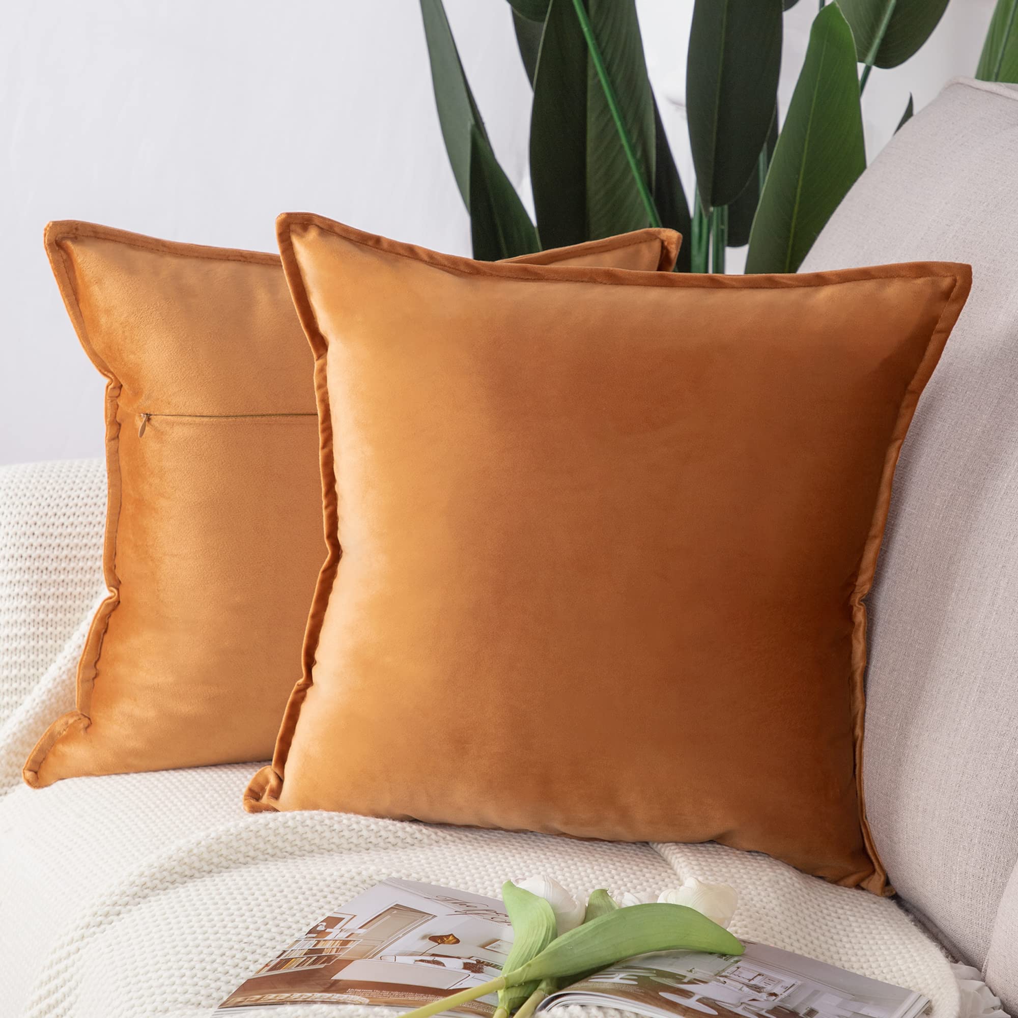Madizz Pack of 2 Super Soft Velvet Decorative Cushion Covers with Fringe Luxury Style Cushion Case European Pillow Shell for Sofa Bedroom Square Orange 24x24 inch, 60x60 cm