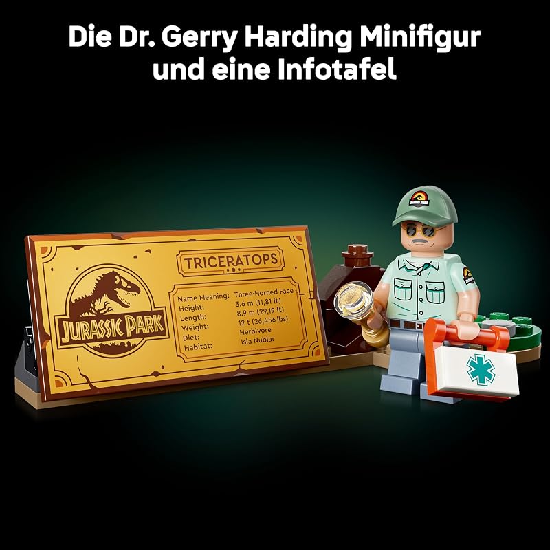 Jurassic World Dinosaurier-Fossilien: Triceratops - Modellbau für Erwachsene mit der Minifigur Dr. Gerry Harding - DIY Deko fürs Regal - Geschenkidee für Jurassic Park Fans - 77985