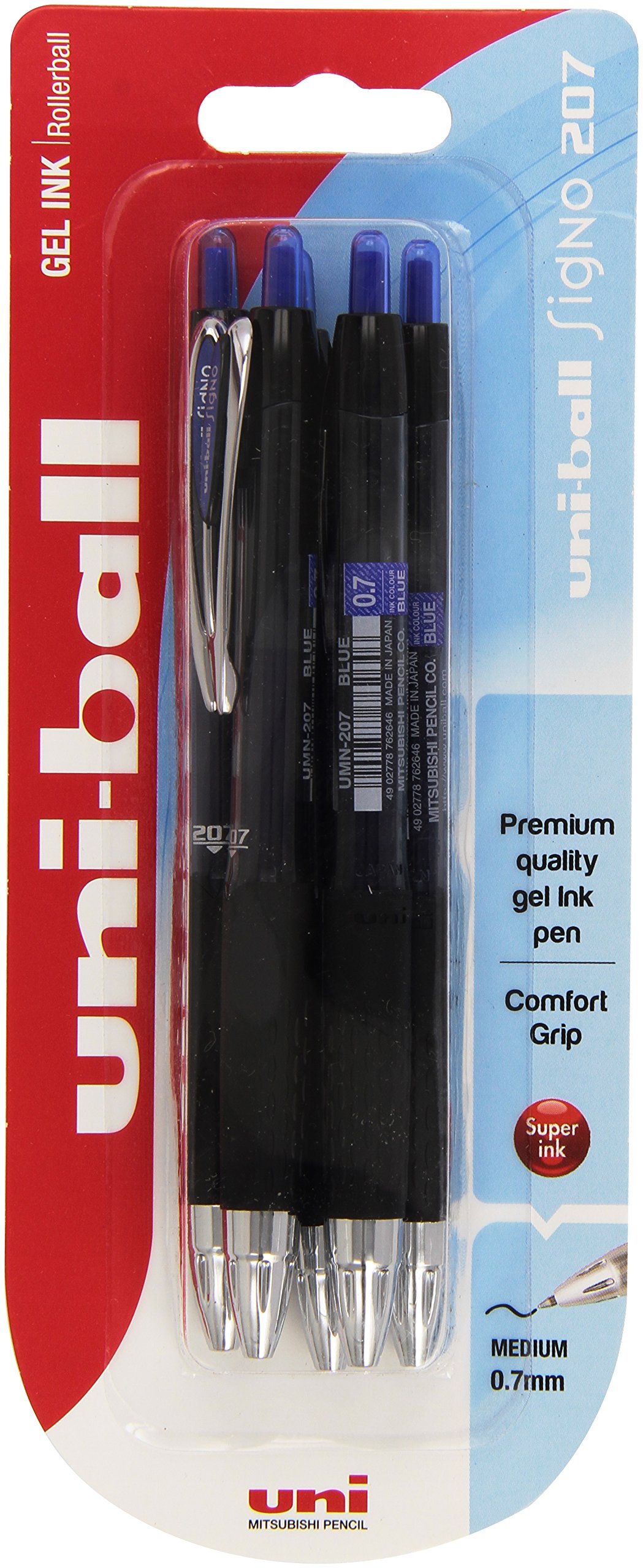uni-ball Signo Gel UMN-207 Retractable Rollerball Pens - Blue, Pack of 5