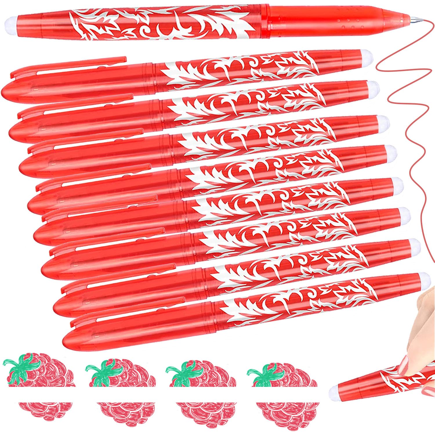 Artbiu Erasable Gel Pens with Rubbers - Red Ink, 8 Pens, 0.5mm Ballpoint for Writing