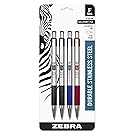 Zebra F-301 Ballpoint Stainless Steel Retractable Pen, Fine Point, 0.7mm, Assorted Ink, 4-Count: 2 Black, 1 Blue, 1 Red