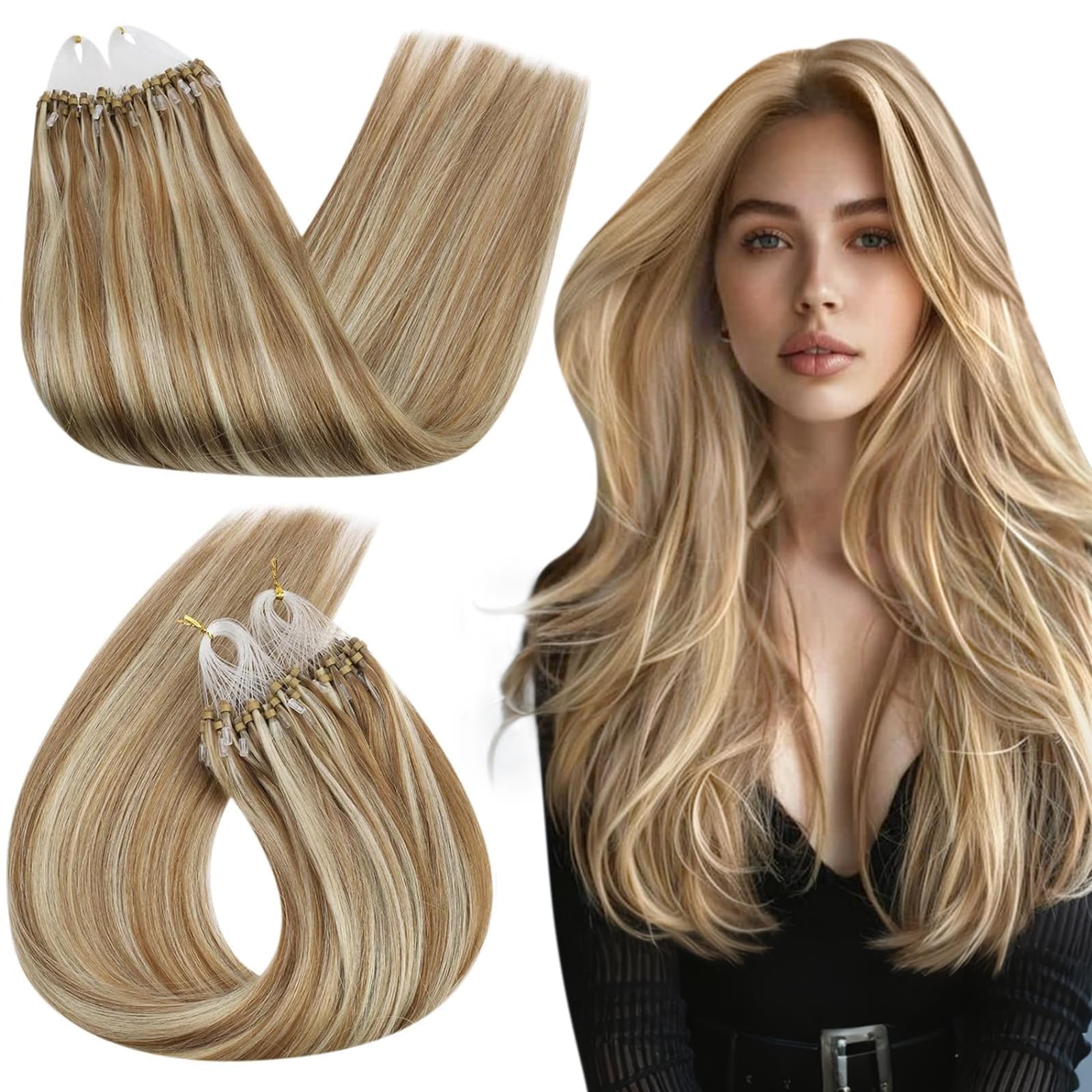 Ugeat Micro Ring Hair Extensions Real Human Hair 22 Inch Golden Brown Micro Loop Human Hair Extensions Microbeads Real Human Hair Highlights Blonde 50G/50S #10/613 โ image 1