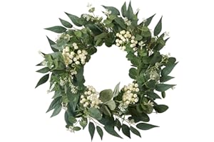 CLYCALOOR 18 Inch Spring Wreaths for Front Door Eucalyptus Wreath Summer Greenery Wreath for Front Door for All Seasons Artifical Floral Outdoor Wreaths Weatherproof for Wall Farmhouse Porch Patio Home Decor