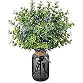 Der Rose 14.5" Fake Plants for Black Bathroom Decor Artificial Eucalyptus Stems in Black Glass Vase with Faux Water for Office Desk Accessories Home Wedding Decor