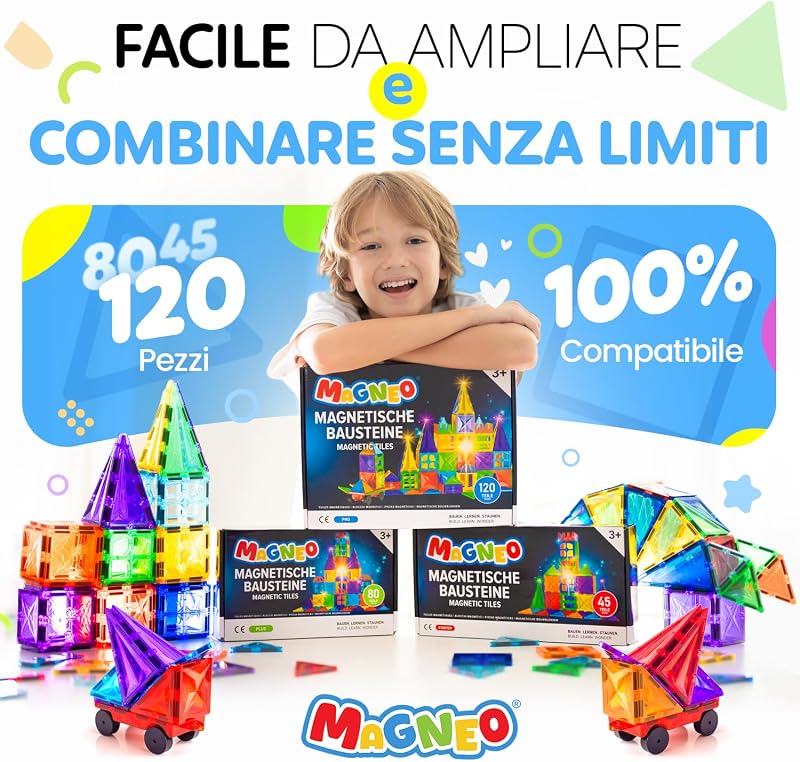 ® Blocchi Magnetici 120 Pezzi (2 Auto) – Costruzioni Magnetiche per Bambini 3+ – Gioco Creativo con Magnetic Tiles – Blocco da Costruzione Educativo – Idea Regalo Bimbi