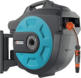 Gardena Comfort Wand-Schlauchbox 25 roll-up automatic: Schwenkbare Schlauchtrommel, 25 m Gardena Qualitätsschlauch, kurze Arretierstops, inkl. Wandhalterung, Systemteilen und Spritze (8023-20)