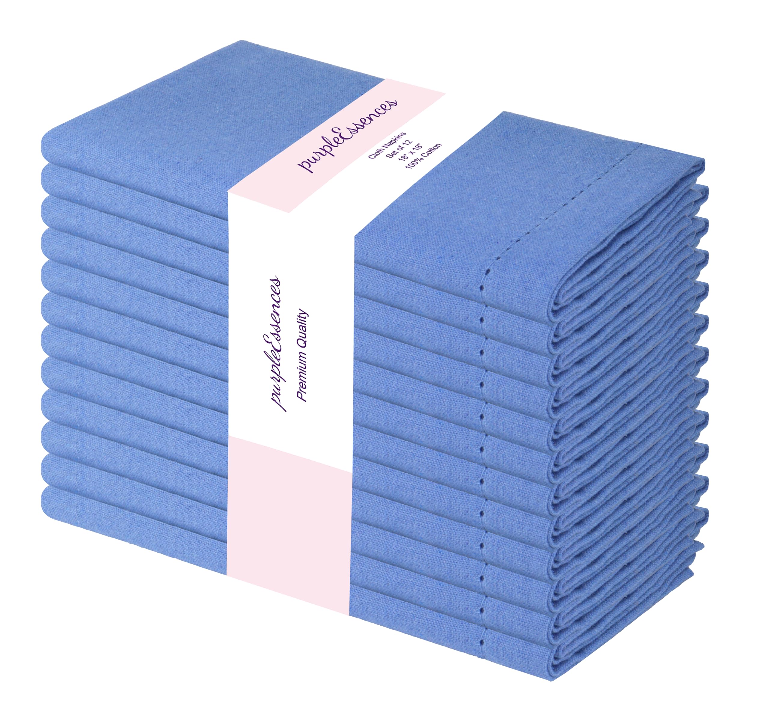 Photo 1 of PurpleEssences Set of 12 Hemstitch Cloth Dinner Napkins 100% Cotton - Soft Durable Washable - Ideal for Wedding Fall Thanksgiving - Perfect Everyday Use Table Linen 18x18 - Light Blue