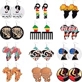 Hicarer 12 Pairs African Map Wooden Earrings Dangle Teardrop for Women Natural Ethnic Earrings for African American Juneteenth BHM Party Decor Gift