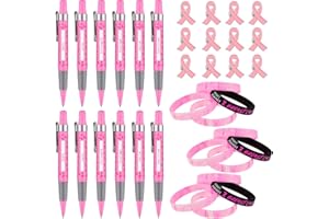 WILLBOND 36 Pcs Pink Ribbon Breast Cancer Awareness Set, 12 Pink Black Silicone Bracelets Rubber Wristbands, 12 Pink Message Pens and 12 Pink Ribbon Pins