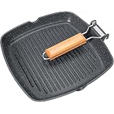 GiPP 9.5 Inch Nonstick Grill Pan with Folding Handle,Square Grill Skillet | Grilling Pan with Pour Spouts, Versatile Griddle Steak Pan for All Stove, Indoor &amp; Outdoor RV Camping Cooking, PFOA Free