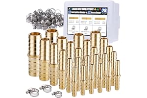 Ailbiuko 26PCS Brass Hose Barb Fitting,Barb Splicer Mender Hose Fittings 3/16" 1/4" 5/16" 3/8" 1/2" 5/8" with 52Pcs Stainless Steel Pipe Hose Clamps for Air/Fuel/Water/Oil Hose