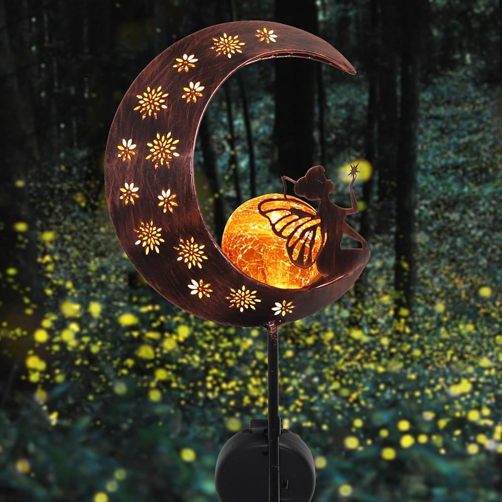 TERESA'S COLLECTIONS Large Garden Moon Fairy Solar Light 39in Crackle Glass