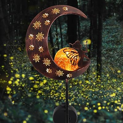 TERESA'S COLLECTIONS Large Garden Moon Fairy Solar Light 39in Crackle Glass