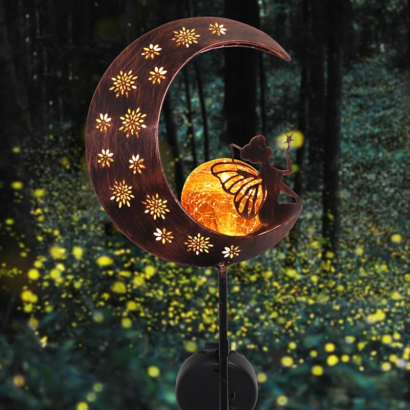 TERESA'S COLLECTIONS Large Garden Moon Fairy Solar Light 39in Crackle Glass
