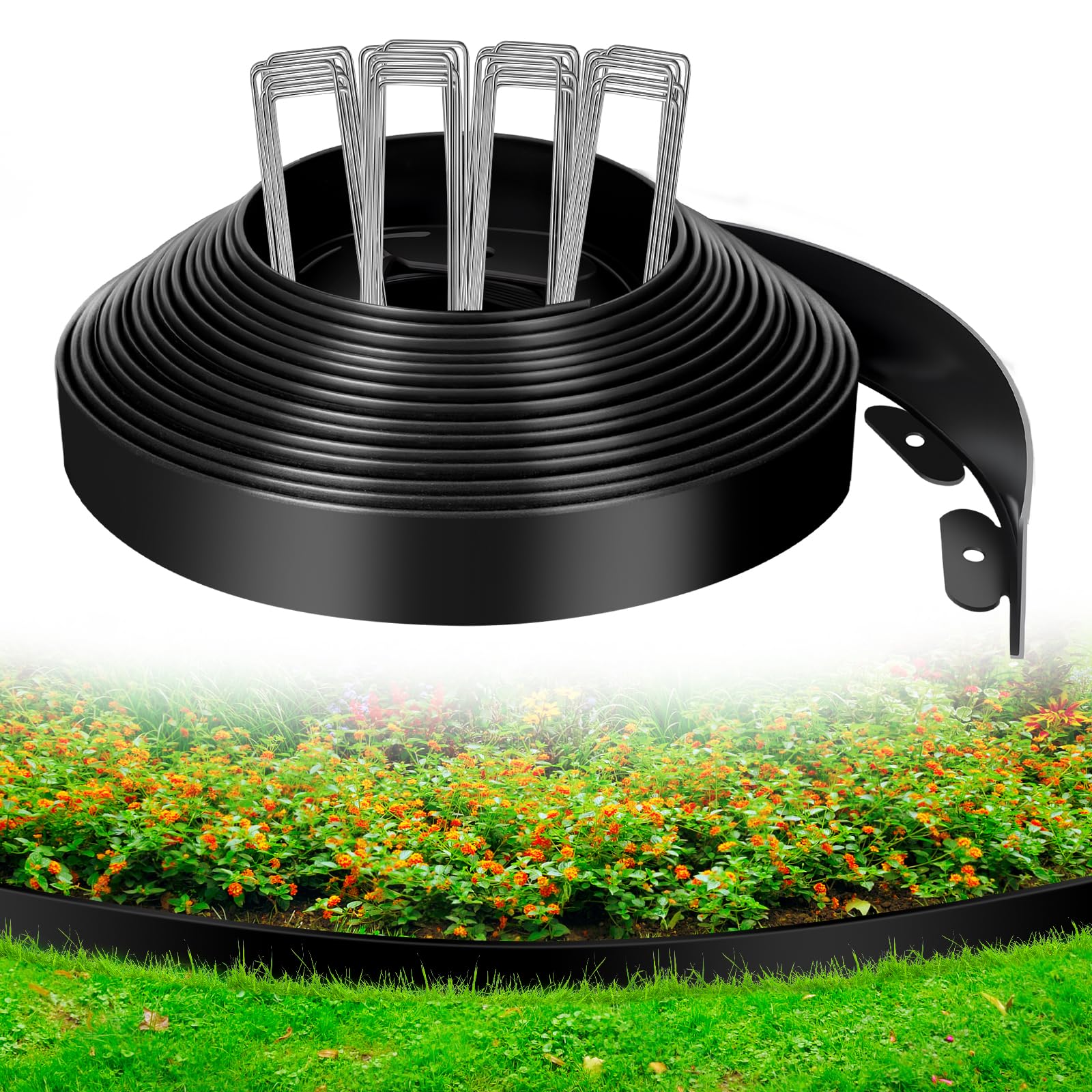 Photo 1 of 1.5 Inch x 100 FT Landscape Edging, Garden Edging Borders with 100pcs Upgrade Stakes, Flexible No Dig Plastic Garden Border for Lawn, Landscaping, Flower Beds and Yard