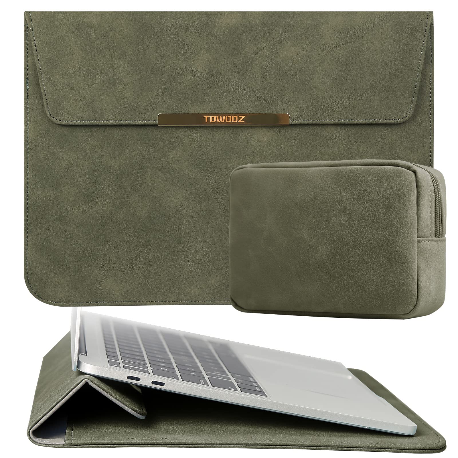 TOWOOZ 13-14 Inch Laptop Sleeves Case,Compatible with Macbook Pro 13-14inch / MacBook Air 13-13.3 Inch/Dell XPS 13/Surface Pro X, Faux Suede Leather With Stand (13-14, Olive Green)