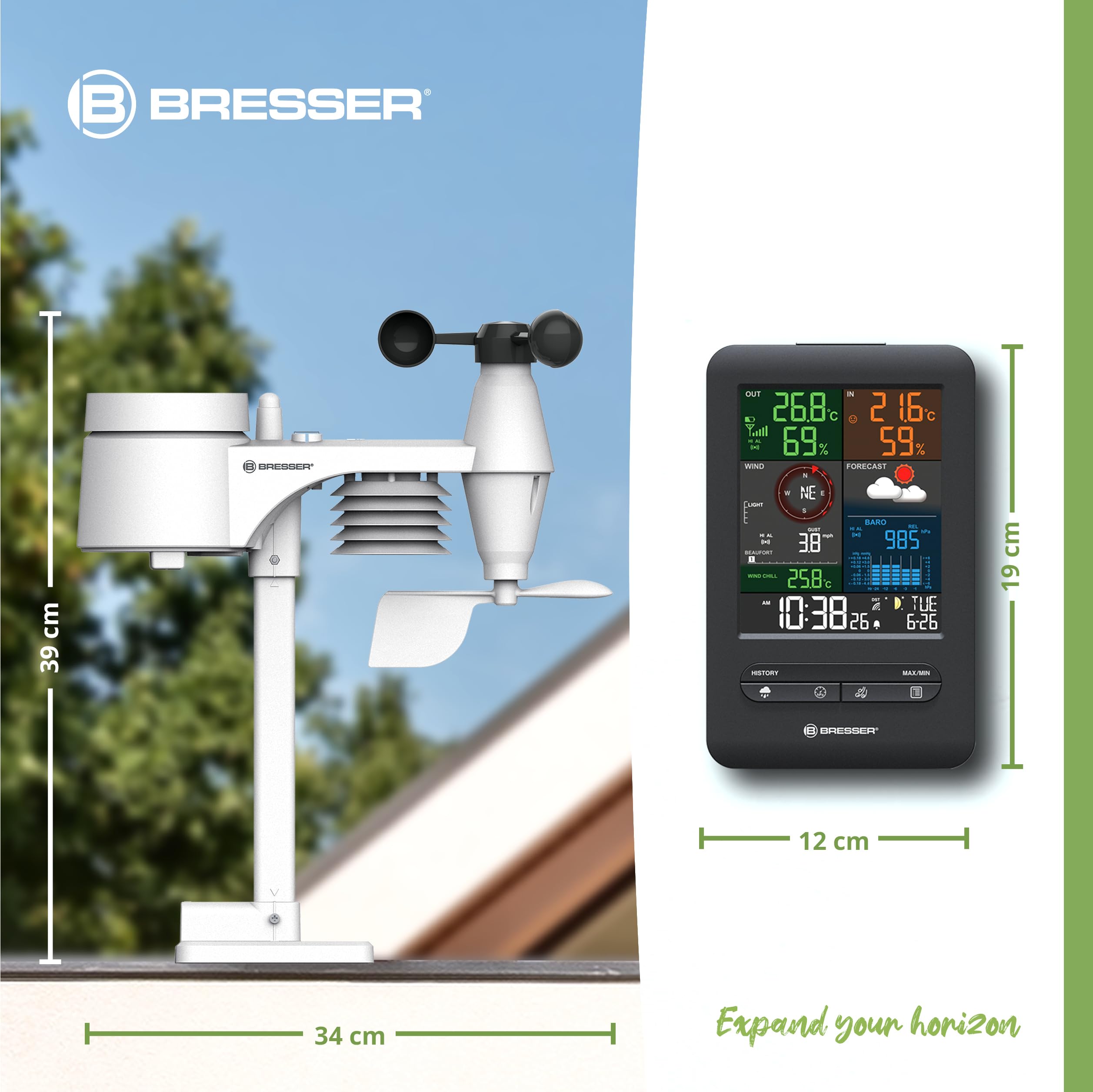Bresser 7002525 Wetterstation Funk mit Außensensor 5-in-1 Beaufort mit großem Farbdisplay, Sensor für Temperatur, Luftfeuchtigkeit, Luftdruck, Windrichtung und Regenmesser, Schwarz, Einzigartig 8