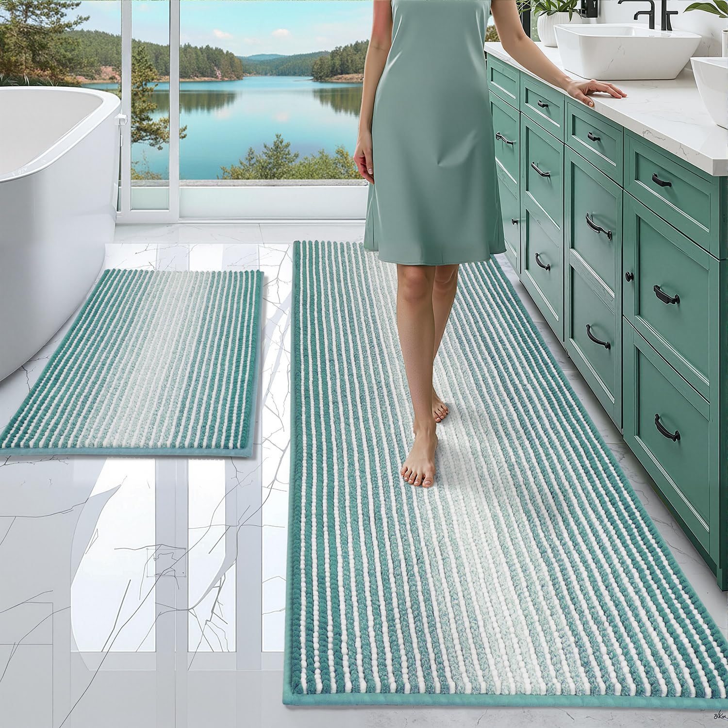 Bathroom Rugs and Mats Sets, 2 Piece Thick Absorbent Chenille Bath Mat Rug Set Non Slip, Soft Shaggy Bath Room Floor Mats for Bathroom, Machine Washable (Light Green, 24" x 70" Plus 20" x 32")