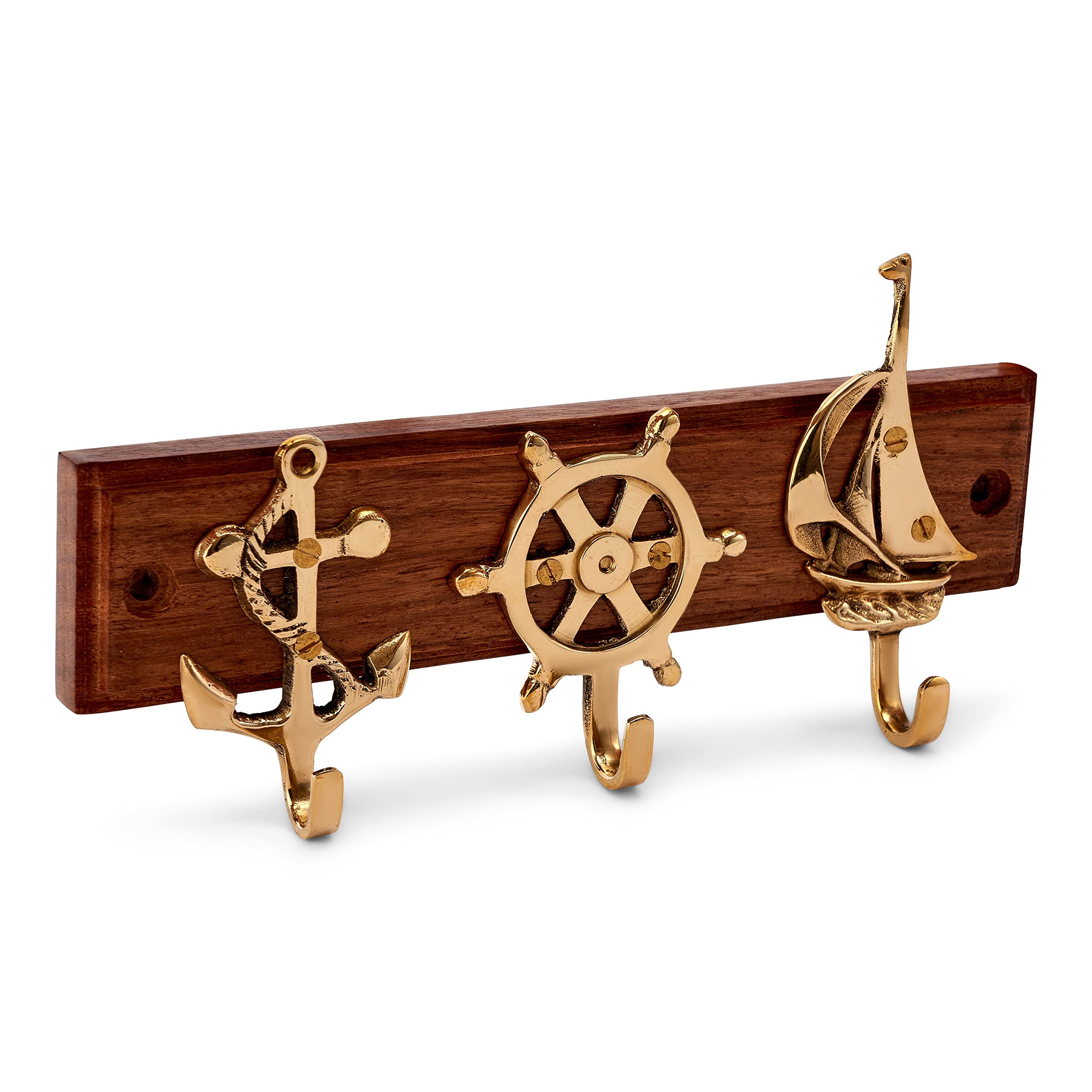 NKlaus Maritime Key Holder Brass on Wooden Anchor Steering Wheel Boat Key Holder 11607