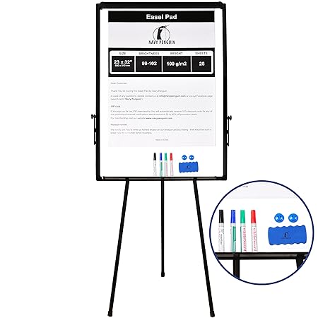 Staffelei-Tafel/Flipchart-Set 100 x 70cm - Whiteboard mit Stativ Tripod + 1 Magnetischer Trocken-Radierer, 4 trocken abwischb