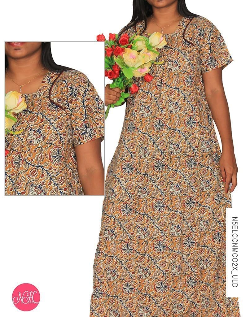 nighty house|nm full length 100% cotton nightwear - elastic neck|xxl|orange