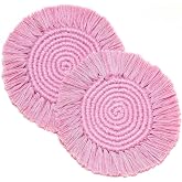 Boho Macrame Coasters Set Of 2 - Cotton, Absorbent, With Tassels, Pink, 7" Round