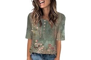 XIAXOGOOL Womens Summer Tops Elbow Sleeve Tops Women Button Down T Shirts Scoop Neck Striped Floral Blouses Dressy Casual
