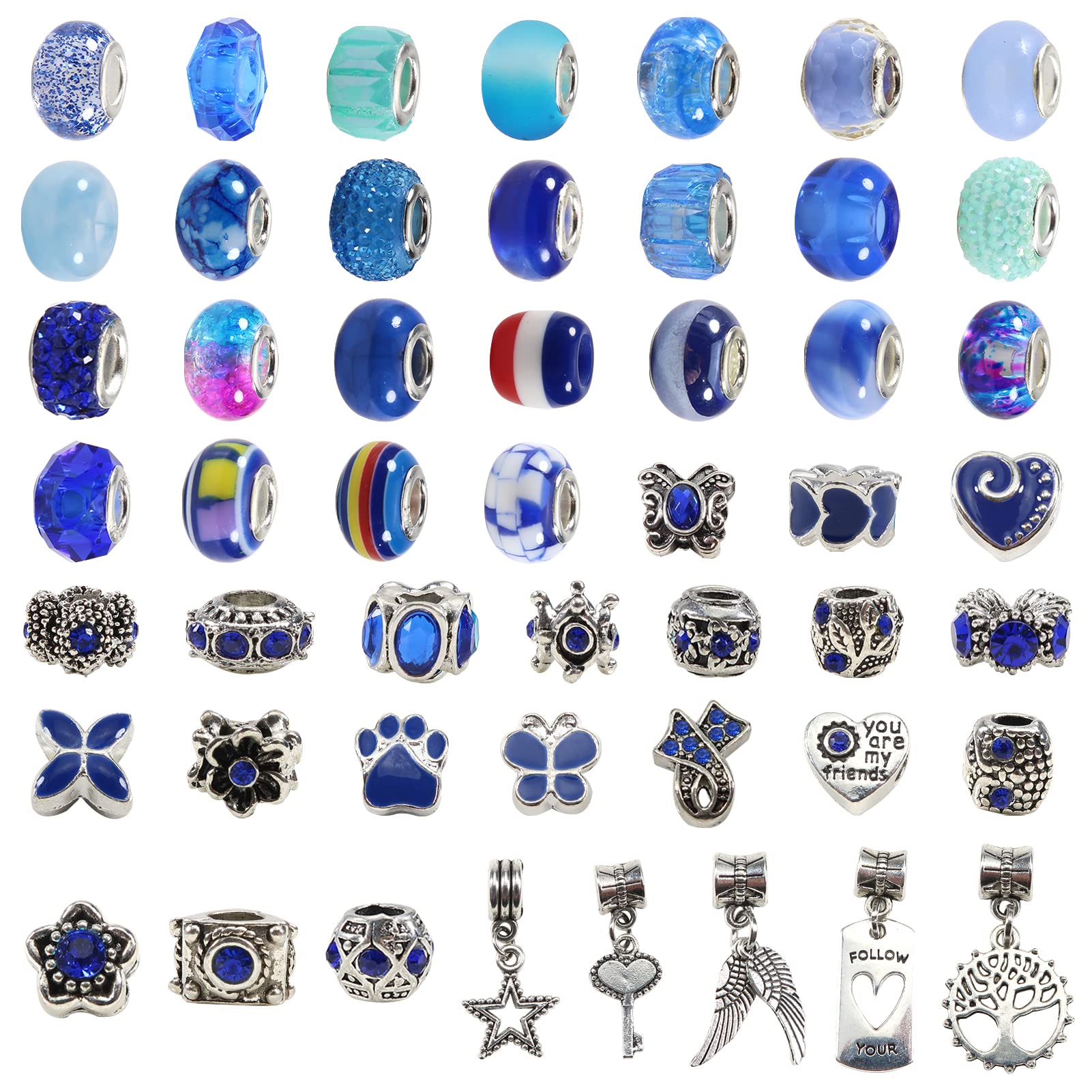 TOAOB 100pcs Large Hole Beads Blue Series Rhinestone European Beads Murano Glass Bead with Pendants for DIY Bracelet Necklace Jewelry Making Pen Crafts