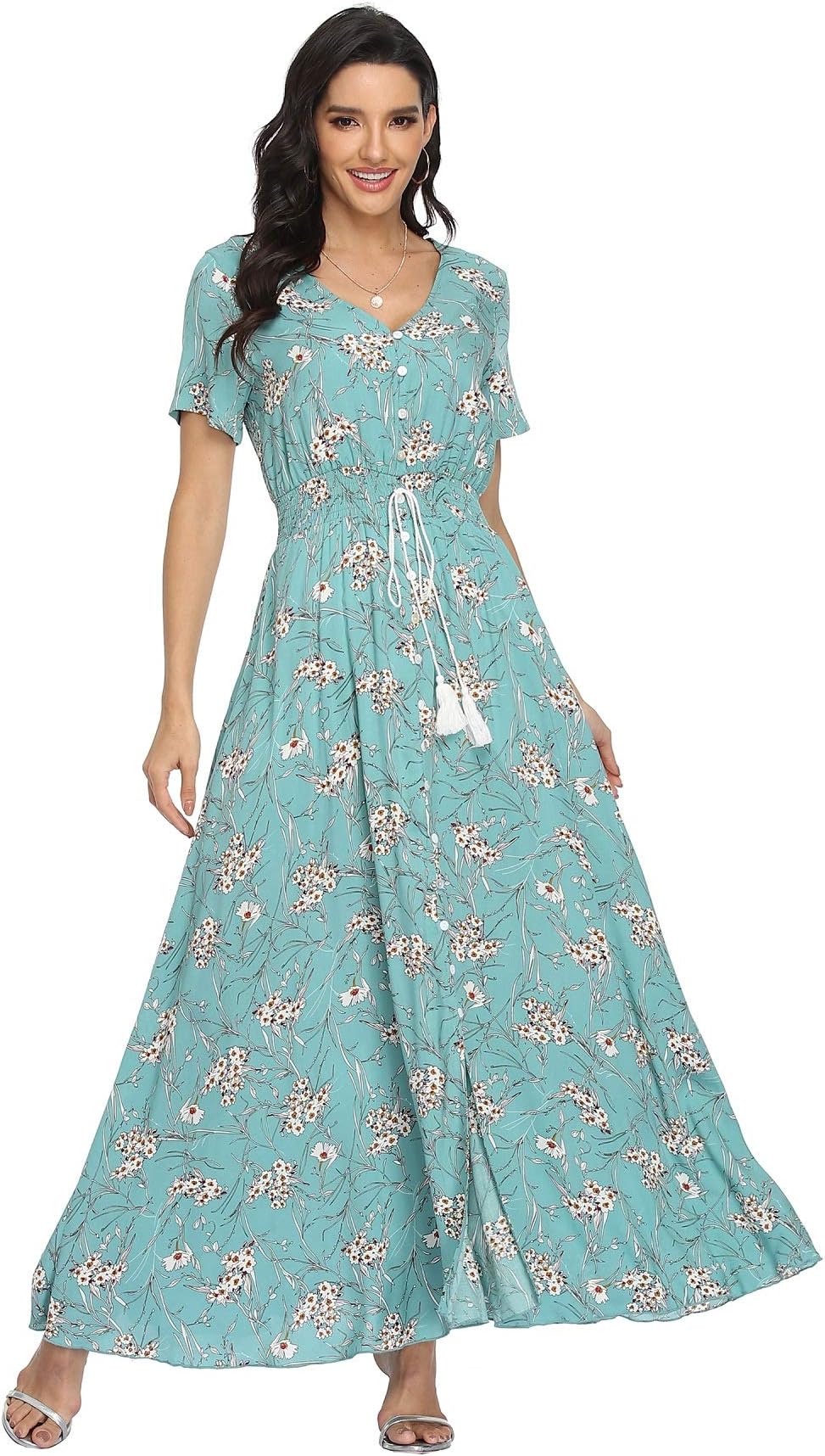 Women's Floral Print Maxi Dresses Boho Button Up Split Beach Party Dress