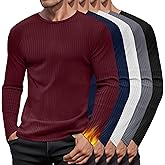 Baggyfly 5 Pack Men's Cotton Thermal Shirts Long Sleeve Ribbed Tops Crew Neck Slim Fit Sweater Casual Pullover Undershirts