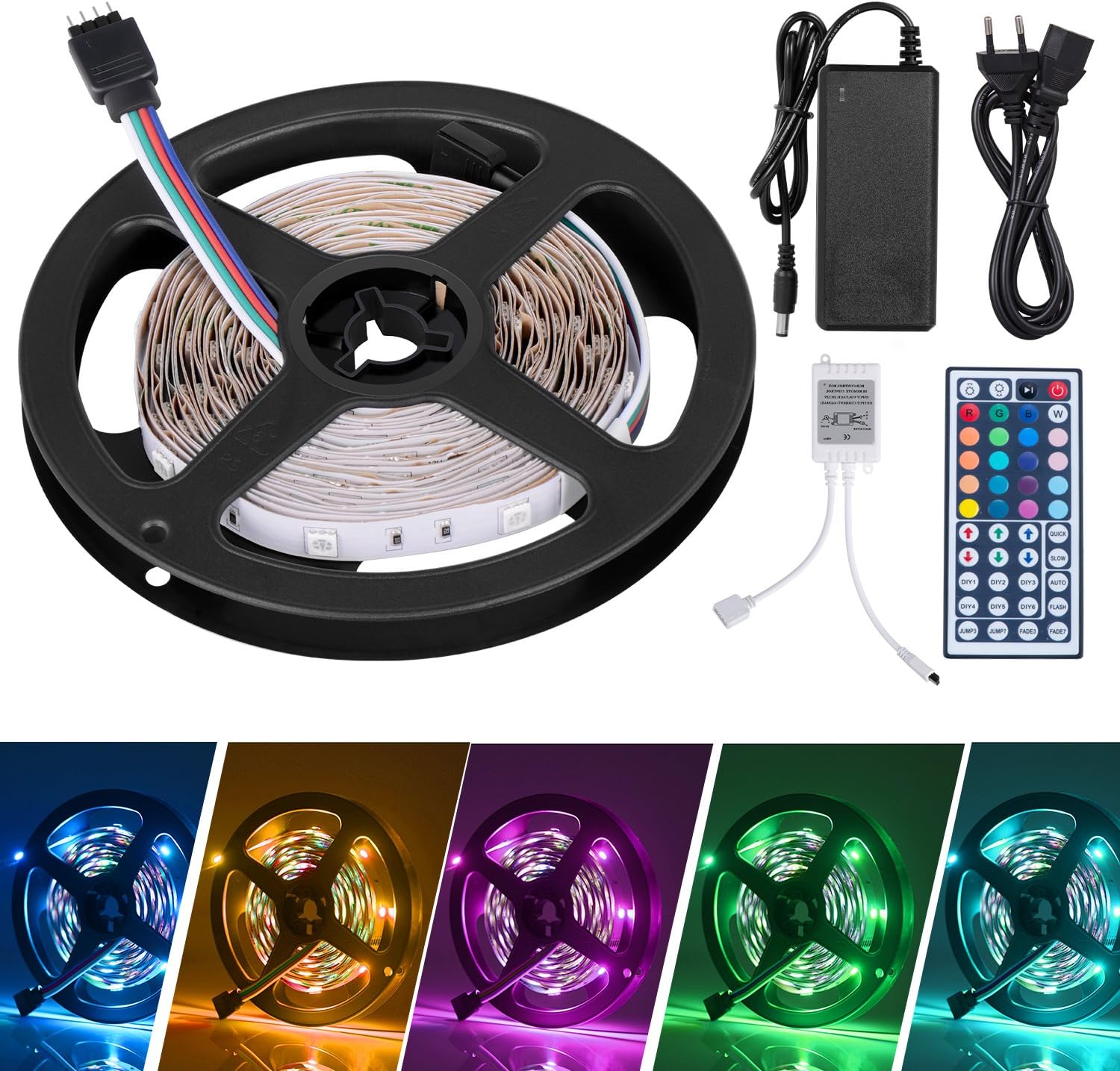 Duractron LED Strip 5 M RGB 5050 300 SMD Waterproof Flexible Sticker + 44 Key Remote Control + 12 V Power Supply Adaptor Multicolore*