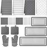 SmoothNovelty 15 Pcs Christmas Kitchen Decor and Accessories Set 4 Kitchen Towels 2 Pot Holders 2 Oven Mitts 3 Rugs 4 Dishcloths Absorbent Set Heat Resistant Pot Pads for Cooking Baking(Grey)