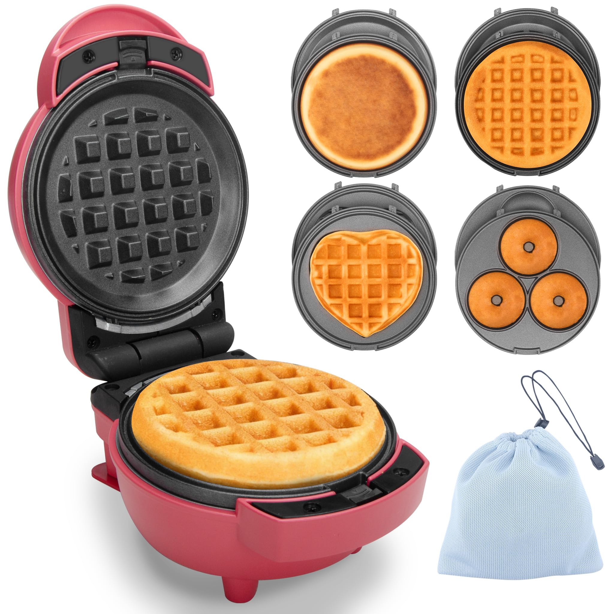 Photo 1 of Baker's Friend 4 in 1 Mini Waffle Maker with Removable Plates, Set Includes Mini Pancake, Donut, Heart Shape Waffle Makers, Compact Size, Recipe Included, Red