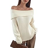 Verdusa Women's Foldover Long Sleeve Loose Off Shoulder Sweater Knit Pullovers Jumper Tops