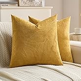 FUTEI Golden Yellow Velvet Throw Pillow Covers 18x18 Inch Set of 2,Soft Embossed Leaf-Relief Textured Cushion Cases,Natural Home Decor for Couch Living Room