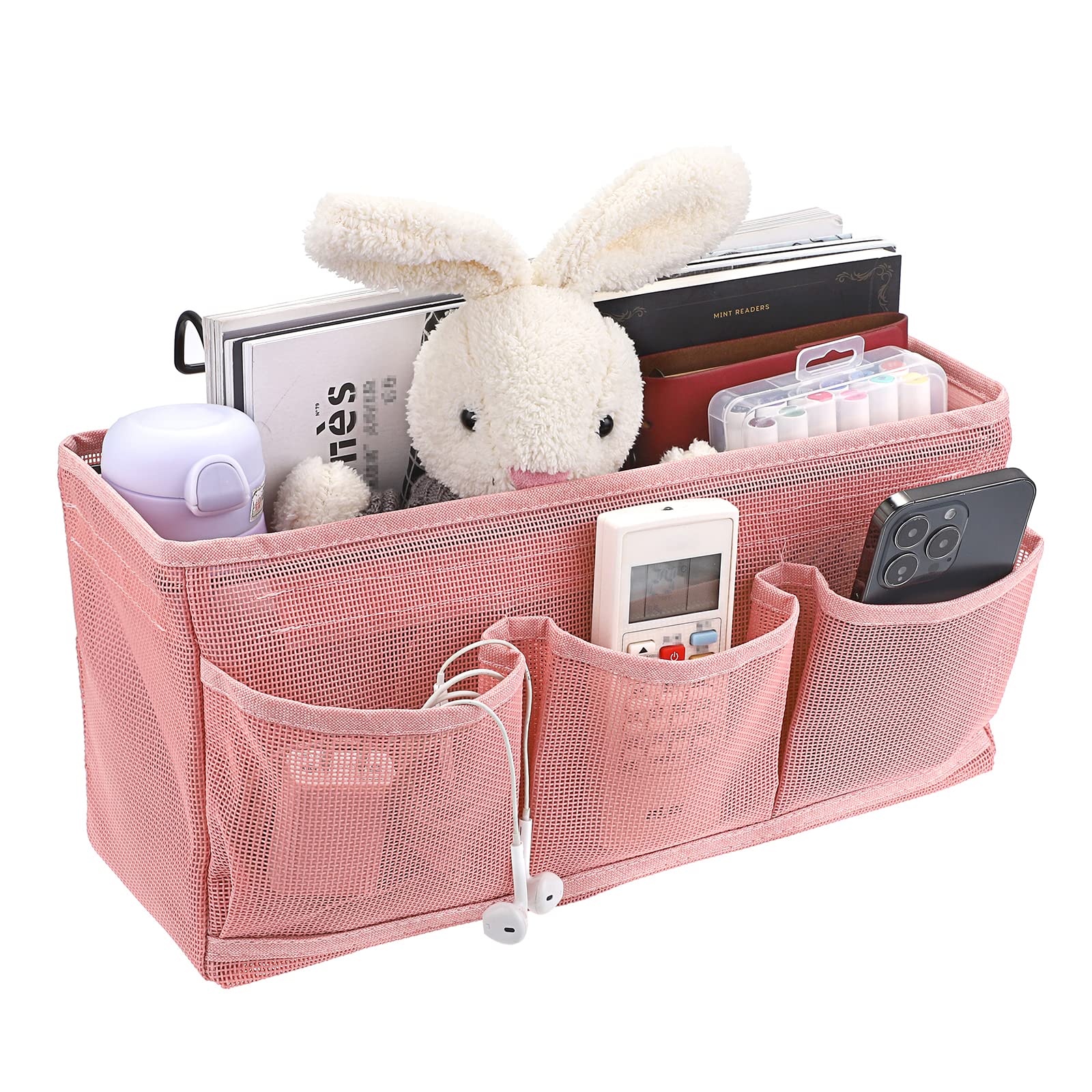 IGNPION Net Bedside Hanging Storage Bed Pockets Baskets Dormitory Bed Organiser Caddy Mulit-purpose Hanging Storage Bag for Home Office School Dorm Hospital, Pink