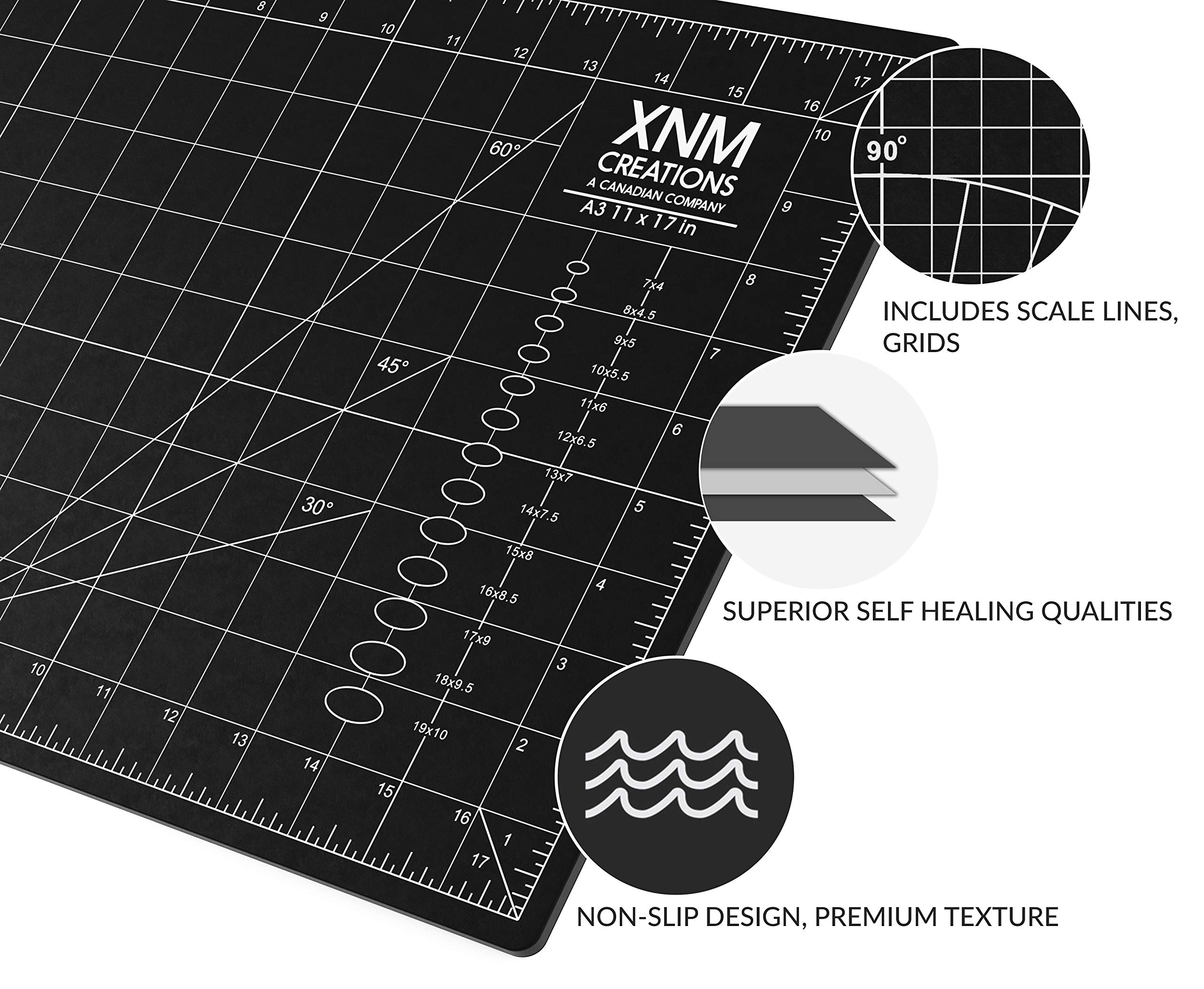 XNM Premium Self Healing Cutting Mat - 12 Inches by 18 inches - A3, 3 Layer Quality PVC Construction - Dual Sided, Imperial and Metric Grid Lines - Perfect for Cutting, Sewing, and Crafts