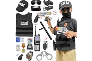 FUNCREVITY Police Officer Costume For Kids Include Police Baton Badge Handcuffs Vest Toy Gun SWAT Costume Role Play Set Halloween Costumes Christmas Birthday Gift For Boys 3-8 Years Old