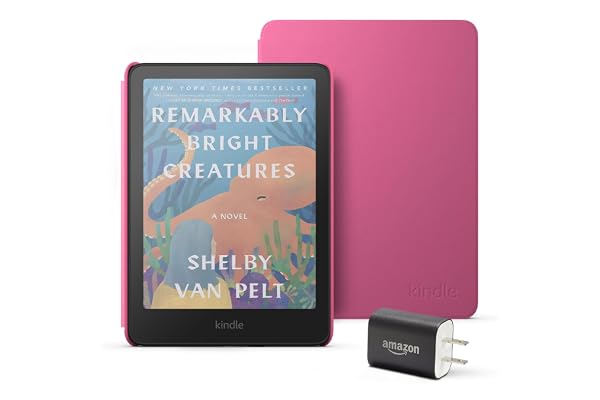 Amazon Kindle Colorsoft Essentials Bundle including Kindle Colorsoft (16 GB) â€“ With color display - Black, Plant-Based Leather Cover-Raspberry and Power Adapter
