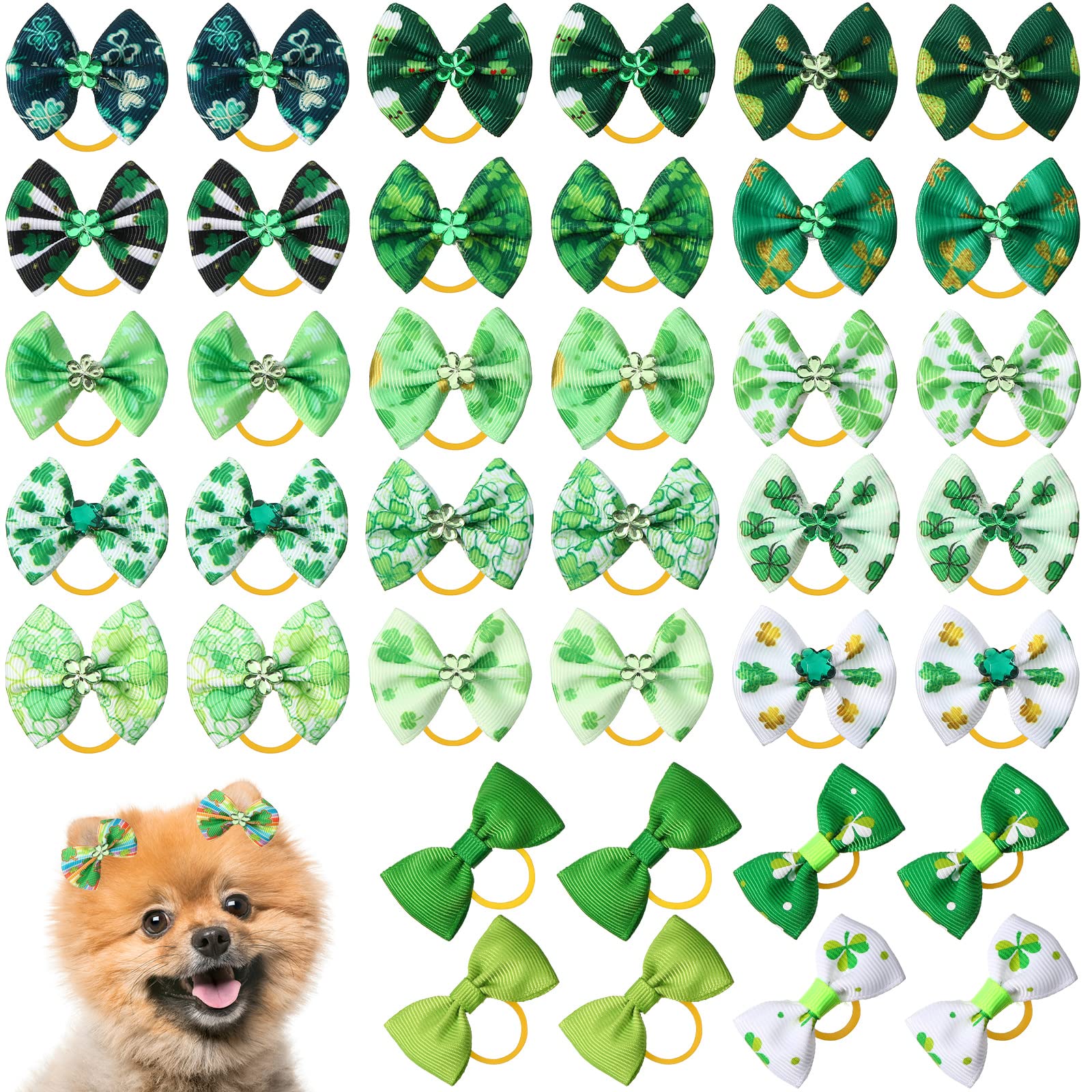 Weewooday 40 Pcs St Patrick's Day Dog Hair Bows Green Puppy Hair Accessories Pet Flag Clover Bows with Elastic Rubber Band for Girl Dog Accessories for St Patrick's Day(Shamrock Style)