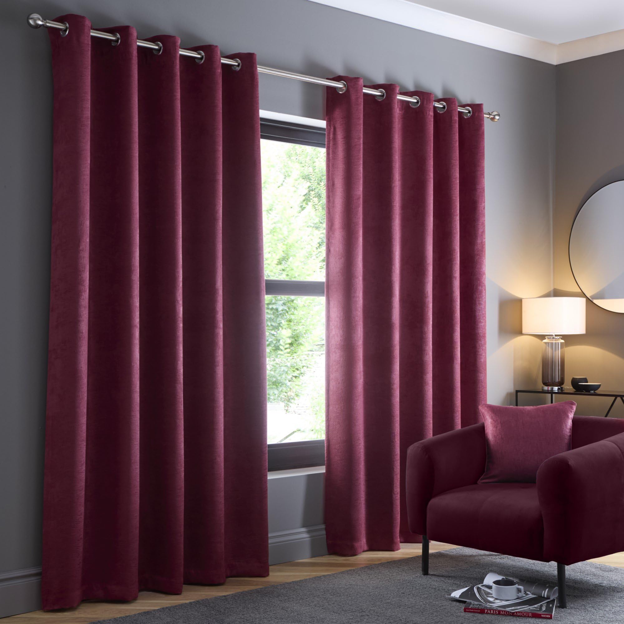 Fusion Strata Eyelet Curtains – W90 x L90 (229x229cm) – Wine Red – Thermal Drapes – 2 Panels – Dark Red Door Curtains – Bedroom & Living Room – Light Blocking – Modern Home Style