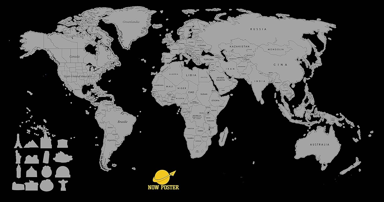 Mappa del Mondo da Grattare NowPoster, Cartina Geografica Planisfero da