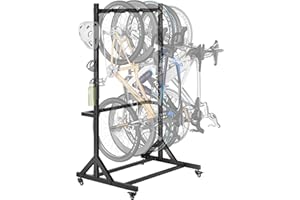 monTEK Freestanding Bike Storage Rack for 5 Bikes, Heavy Duty 350LBS Vertical Bike Stand with 5 Bike Hooks & 6 Helmet Hooks, Indoor and Outdoor Bike Storage Rack with Locking Casters