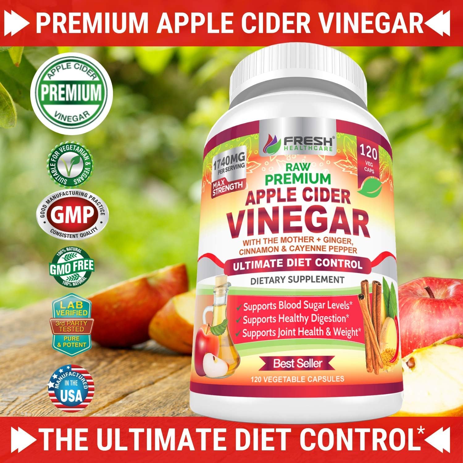 Premium Apple Cider Vinegar Pills Max 1740mg with Mother - 100% Natural & Raw with Cinnamon, Ginger & Cayenne Pepper - Ideal for Healthy Blood Sugar, Detox & Digestion-120 Vegan Capsules: Health & Personal Care