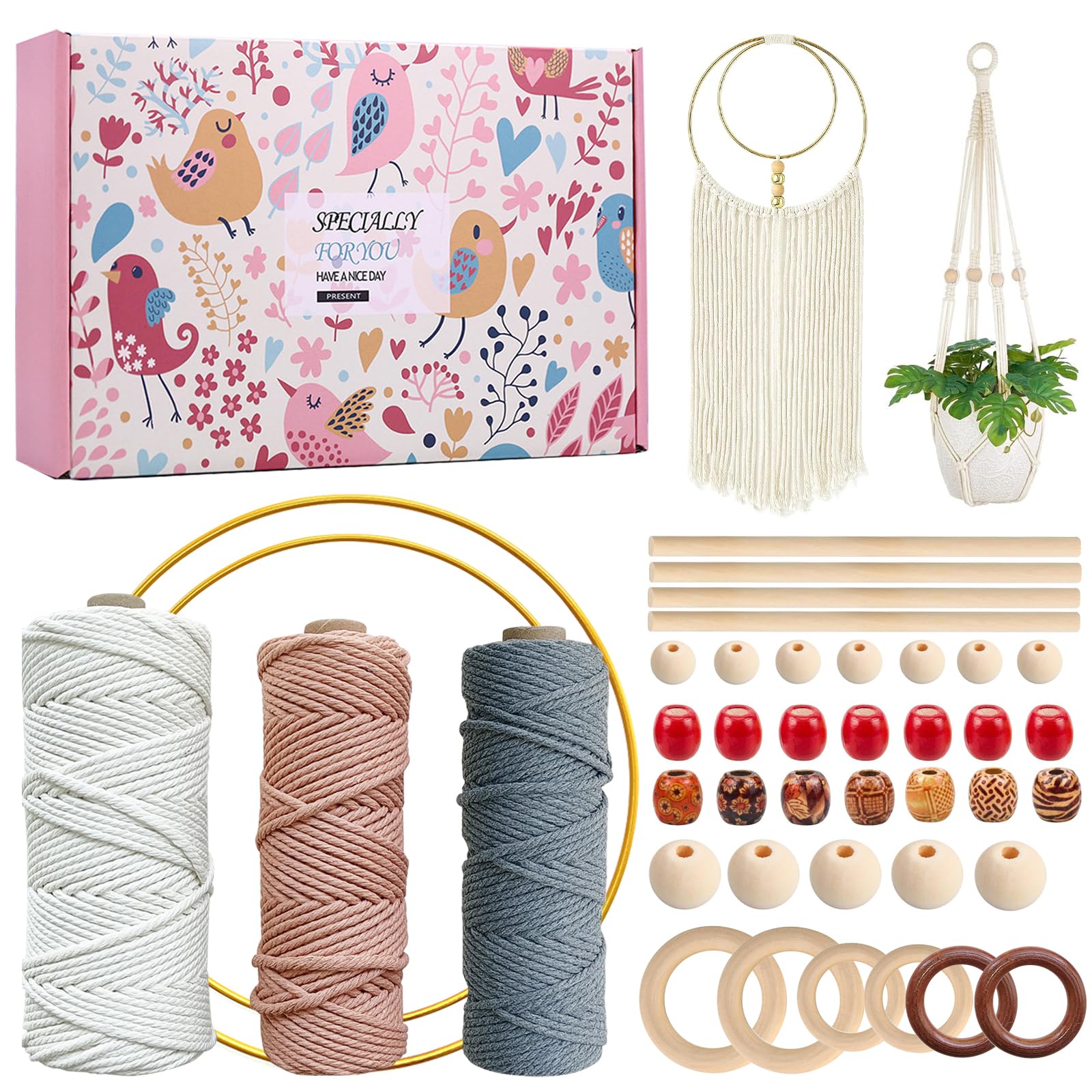 Macrame Kit,Macrame Kit for Beginners,656 Feet 3mm Macrame Cord,Natural Cotton Yarn Macrame with Wooden Beads,Wooden Poles,All Accessories to Make Macrame Plant Hanger,Macrame Wall Hanging Craft Kit