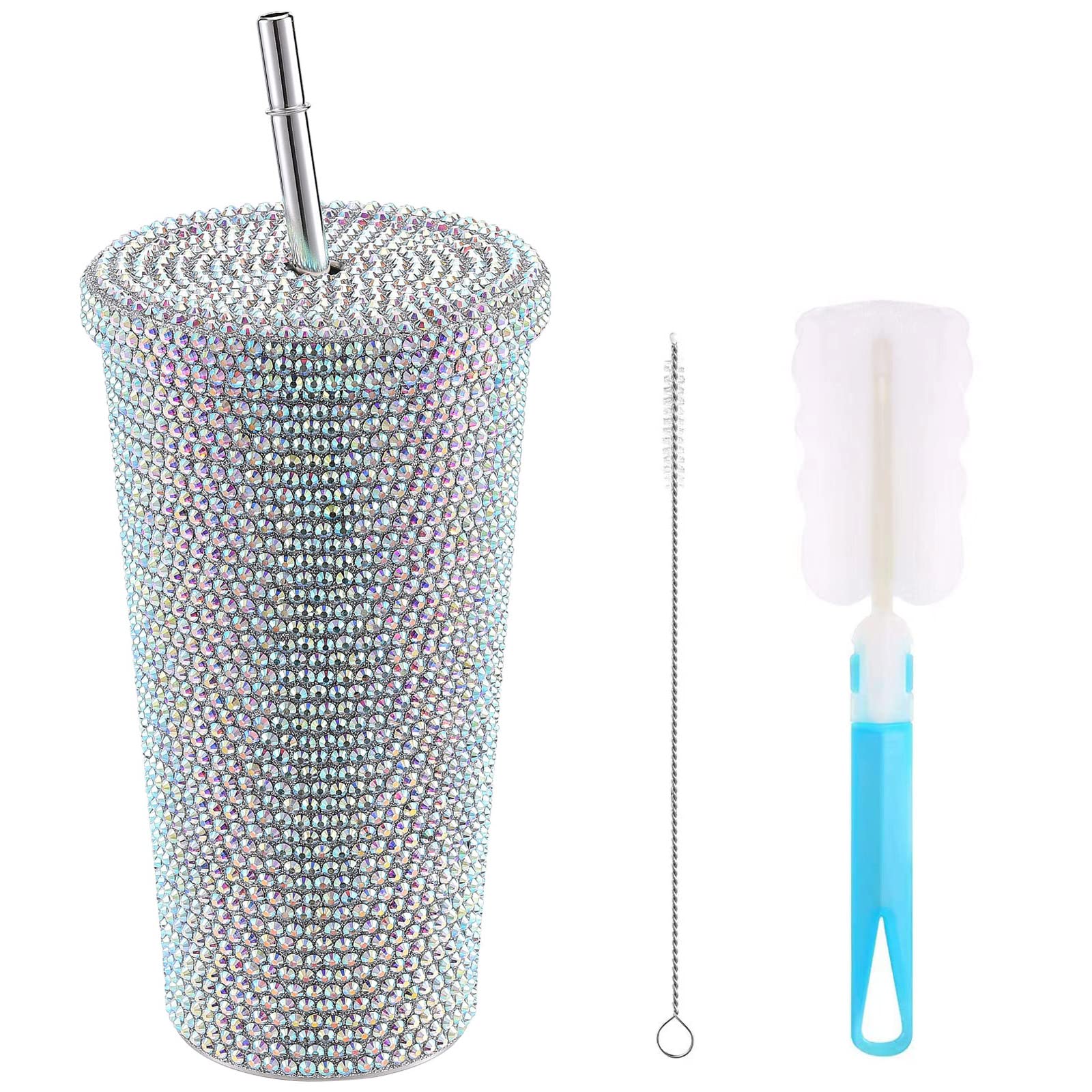 Blanketswarm Studded Bling Diamond Tumbler,17oz Insulated Tumbler Cups with Lids and Straws Bling Glitter Water Bottle Bling Cup Stainless Steel Sparkle Tumbler Surprise Gift(500ML)Multicolor