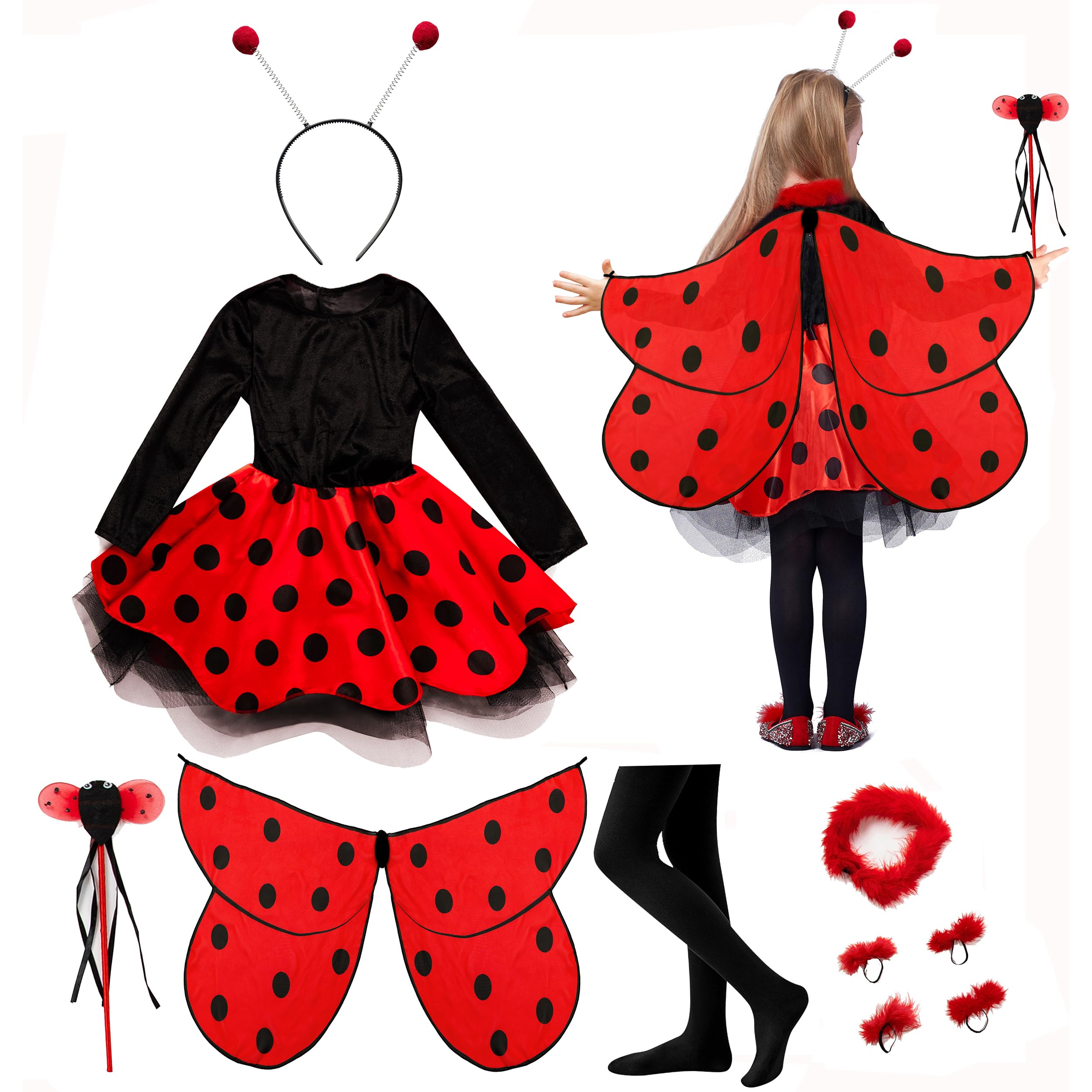 Photo 1 of IKALI Girls Ladybug Costume, Halloween Deluxe Animal Fancy Dress Outfit with Wings (10pcs Set) 4-6Y